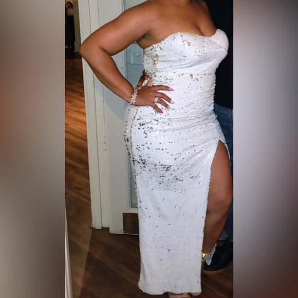 White and gold sequin strapless dress size 8 - Picture 1 of 5